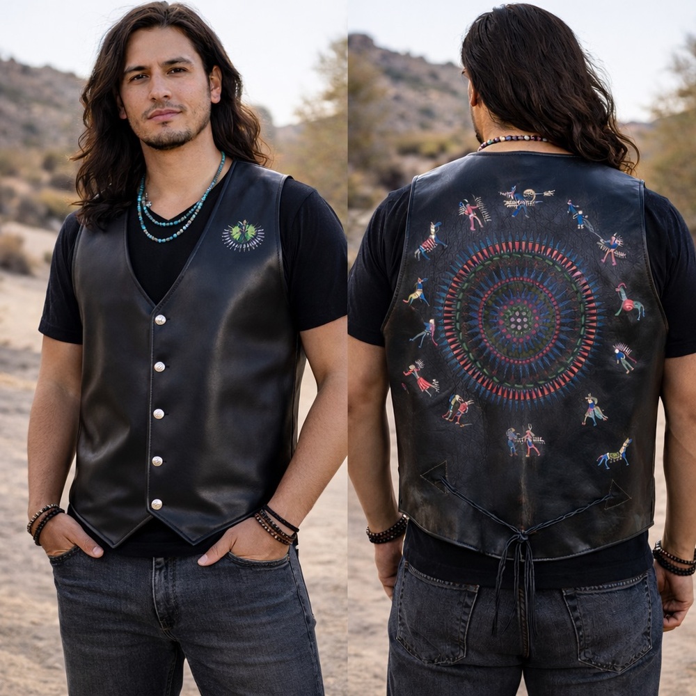 WESTERN NAVAJO HAND PAINTED BLACK LEATHER VEST FROM STAMPEDE RUIDOSO NM SZ LARGE